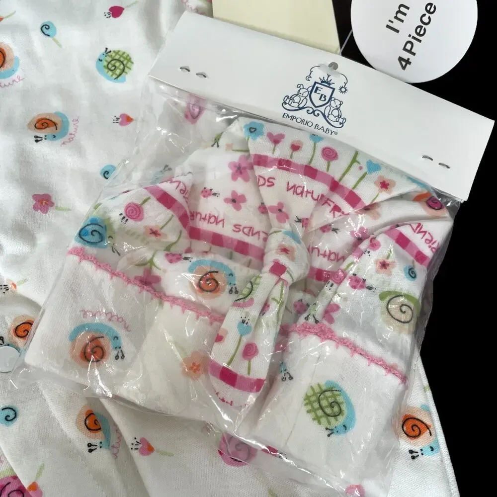 Emporio Baby Girl 4 Piece Set Footed One Piece w/ Swaddle Blanket Bib Pink NOS